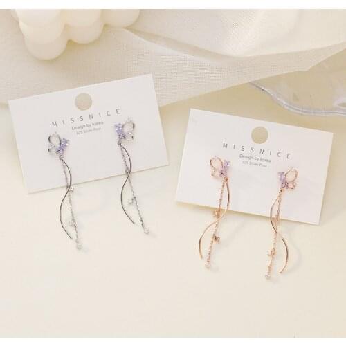 Korean Fashion Purple Crystal Earrings Micro-inlaid Zircon Metal Butterfly Chain Tassel Long S-shaped Curve Earrings for Women