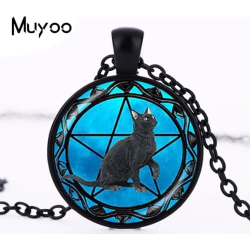 Black Cat Pendant Wiccan Necklace Pentacle Jewelry Wicca Pentagram Collar Blue Star Animal Necklace Best Gift for Women Men HZ1