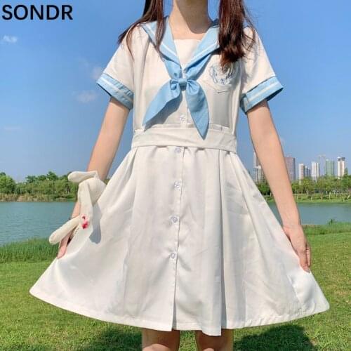 Summer Women White Shirt Dress Single Breasted Navy Collar Lace Up Princess Dresses Japanese Sweet Cute Soft Girls Midi Dress