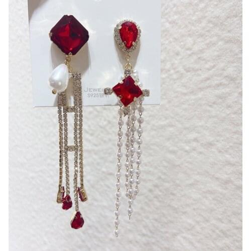 Fashion Korean Sqaure Crystal Asymmetric Drop Earrings Mujer Moda Elegant Pearl Tassel Rhinestone Pendientes Jewelry