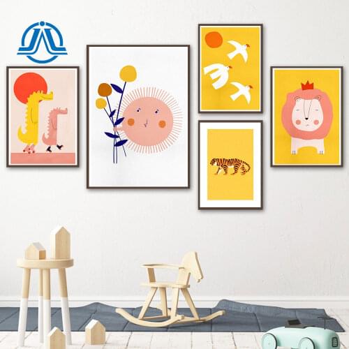 Cartoon Animal Posters And Prints Baby lion Wall Art Tiger Canvas Painting Sun Wall Art Lovely Pictures For Kids Room Decoration