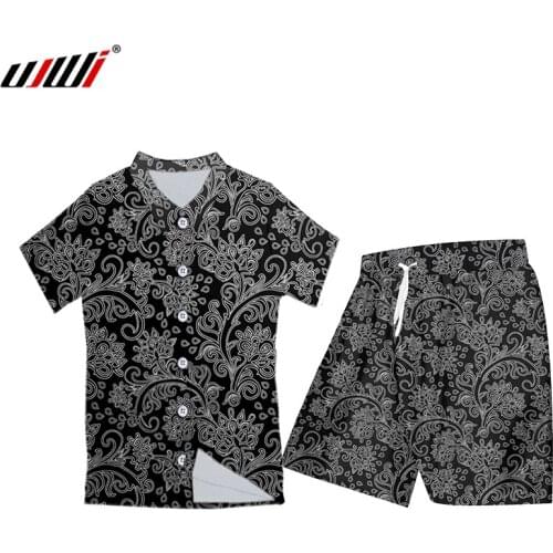UJWI Men Hawaiian Shirt Fashion Casual Button Black Flower Print Beach Short Sleeve Shorts Two-piece Set Oversized Man Tank Tops