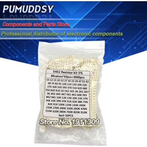 4000PCS 0402 SMD Resistor Kit Assorted Kit 10ohm-1M ohm 5% 80valuesX 50PCS=4000PCS Sample Kit