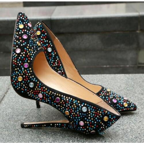 Sexy Multi Rhinestone Studs Pumps Women Pointed toe Crystal Square Drilled High Heels Fashion Mixed Colors Crystal Jeweled Shoes