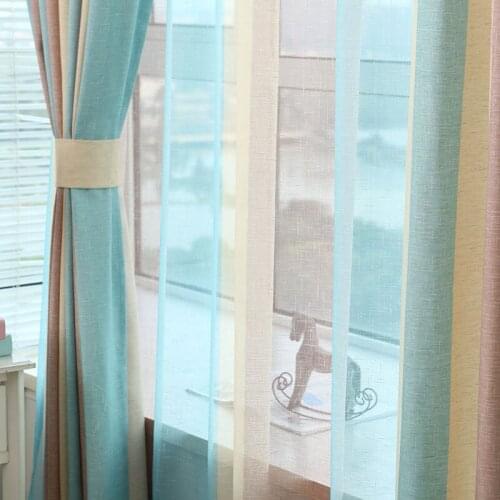 Blue Yellow Brown Striped Jacquard Art Modern Fancy Cotton Linen Curtain Cloth Voile Tulle Living Room Bedroom