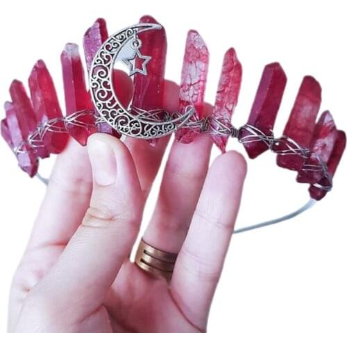 Q1FA Quartz Crystal Headband Hair Comb Natural Raw Stone Headwear Crescent Decoration Boho-style Stone Tiara Crown for Party