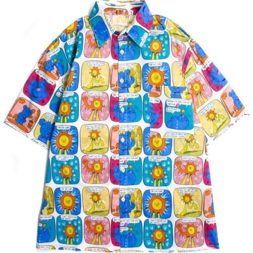 Harajuku Shirt Women Cartoon Print Shirt Oversize Loose Cuban Collar Short Sleeve Blouse Fashion Man Shirt Summer Shirt