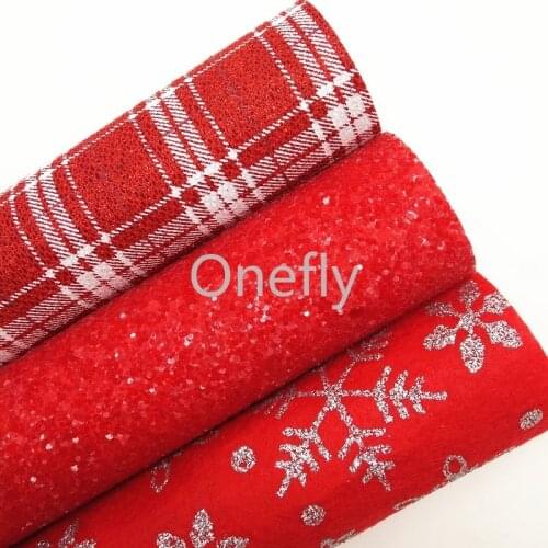 Onefly Tartan Printed Fine Glitter Leather, red Chunky Glitter Fabric Sheets For Bow DIY handbags shoes DQ004