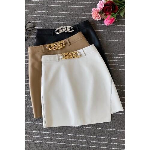 2021 Spring Casual Women Chains Sheepskin Genuine Leather A-Line Skirt 3 Color For Ladies Plus Size