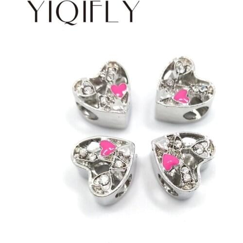 YIQIFLY Free shipping 2017 new 25pcs 13mm heart shape white and pink rhinestone big hole alloy beads fit European bracelet DIY