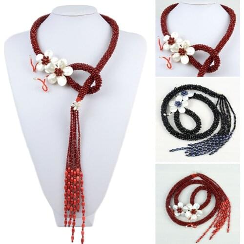 Women Luxury Natural Freshwater Shell Flower Crystal Necklace Beads Tassel Handmade Party Evening Costume Accessories Length 30"