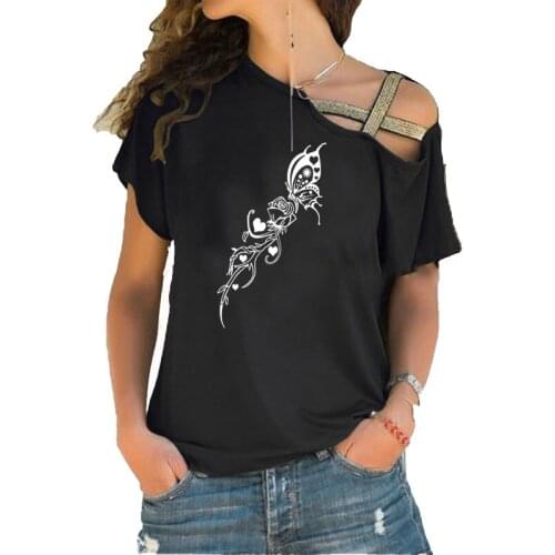 Beautiful Rose Butterfly Print Woment shirt New Summer Cotton Short sleeve Woman Irregular Skew Cross Tops