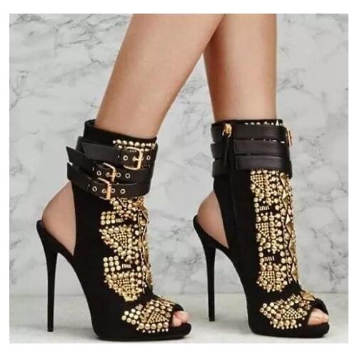 Hot Sale Studded Rivets Slingbacks Booties Metal Buckle Strap Peep Toe Women Shoes High Heels Gladiator Summer Ankle Boots