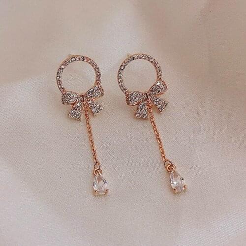 Trendy Water Drop Women Dangle Earrings Bow Tassel Earrings Korean Earrings Zircon Long Jewelry Gifts