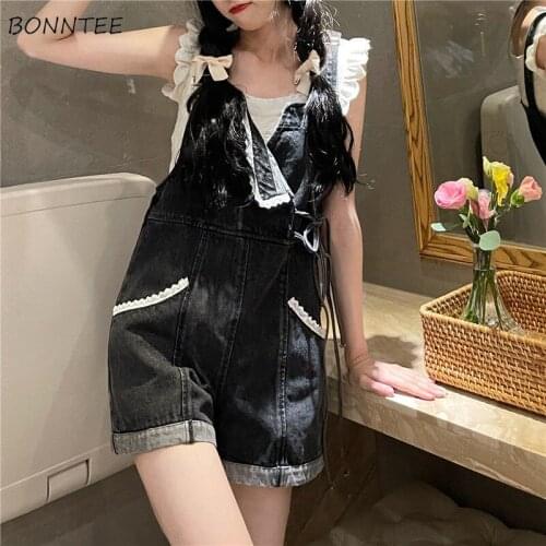 Denim Rompers Women Stylish Vintage High Waist Patchwork Ulzzang Female Summer Casual All-match Playsuits Streetwear Simple Lace
