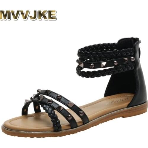 MVVJKEBrand Designer Womens Sandals High Quality Gladiator Flat Shoes Ladies Elegant Casual Summer Rivet Footwear for Girl