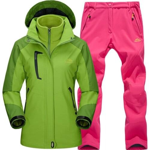 Women ski suit Fleece liner Hiking jacket & Pants 2 piece set Winter Outdoor thick Thermal coat Waterproof Windproof Hiking suit