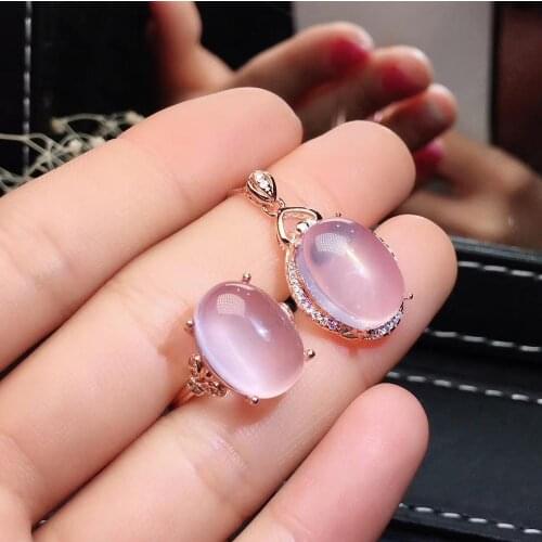 Light pink color Rose Quartz gemstone ring and necklace for women silver ornament fine jewelry birthday party anniversary gift