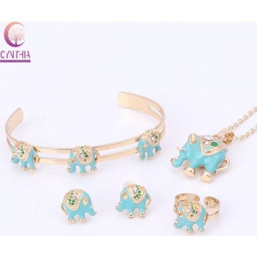 Gold color Enamel Crystal Elephant Necklace Bangle Bracelet Ring Set For Children Kids Costume Jewelry Sets
