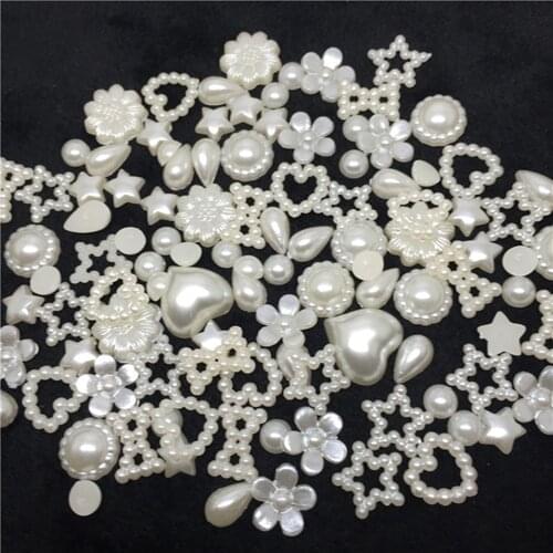 1000pcs Mixed Heart Bow Flower Star Ivory Pearls Flatbacks Embellishments DIY Phone Nail Decorations Scrapbooking Crafts 6-15mm