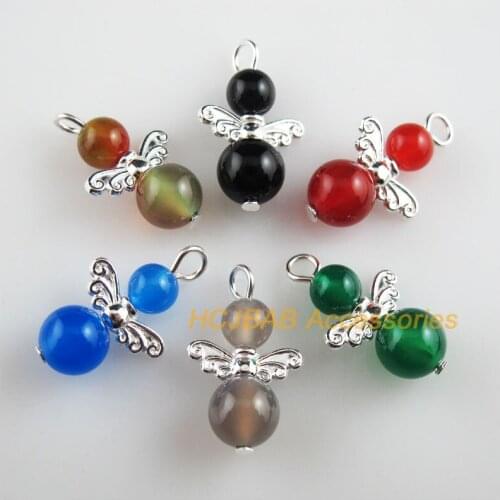 12 New Round Angel Charms Mixed Stone Silver Plated Wings Pendants 14x23mm
