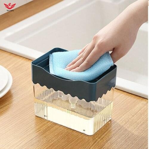 Wetips 2 In 1 Sponge Rack Soap Dispenser For Detergent Transparet Sanitizer Pump Dishwashing Kitchen Soap Dispenser with Sponge