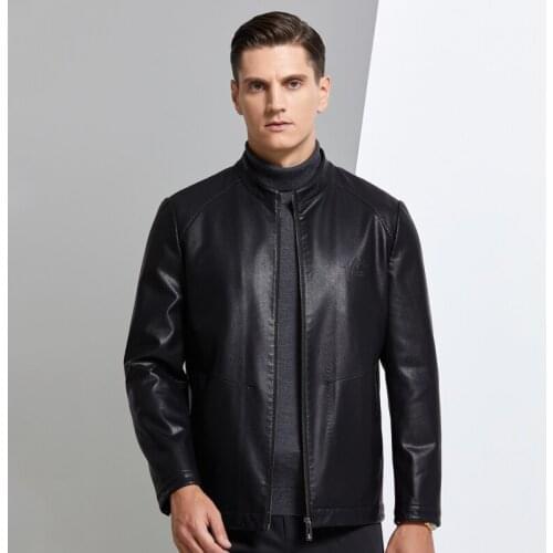 2020 Autumn Winter Fashion Mens Leather Jacket Stand-up Collar Short Slim Fleece Jacket Coat for Men Business, Size M-3XL