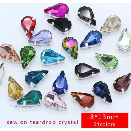 20p 8x13mm 24colors teardrop crystal cut glass stone sew on flatback rhinestones silver plate Dress applique jewelry Crafts Gems