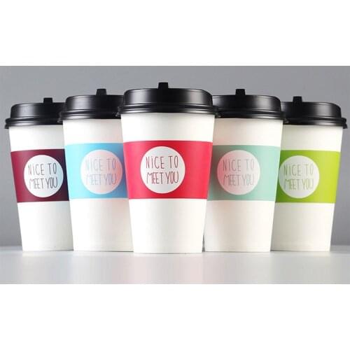 50pcs Disposable coffee cup thick white paper cup milk tea hot drink takeaway packaging cups with lid and insulation cup set