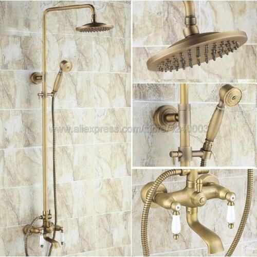 Antique Brass Rain Bathroom Shower Set Faucet W/Tub Faucet Mixer Tap Wall Mount Krs003