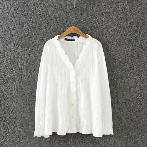 Plus size soft cotton Lace V-neck women loose white blouse 2019 spring casual office ladies long sleeve summer shirts top female