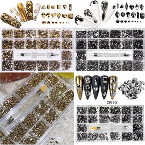 Over 80000pcs Rhinestones SS3-SS12 Kinds Shapes FlatBack Glass Gems Gold/Black/Grey crystal Glass Stones *1Pc Dotting Pen