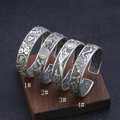 2020 Handmade 100% 999 Silver Good Luck Cuff Bracelet Silver Dragon Phonix Bangle Love Cuff Bracelet Retro Thai silver Jewelry