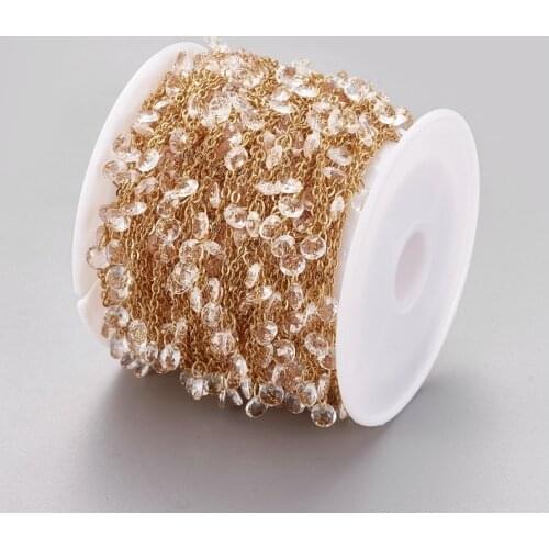 4x2mm Golden Handmade Glass Beaded Chains for jewelry making, Soldered, with Spool, Brass Chain,Long-Lasting Plated,10m/roll F70