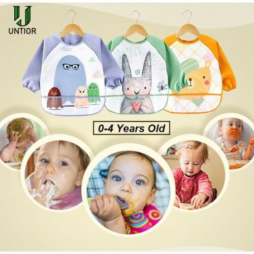 UNTIOR Cartoon Kids Apron Waterproof Feeding Bibs Long Sleeve Apron with Pocket Kids Apron for Painting Baking Cooking Smock