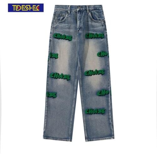 Fashion Wide Leg Pants Men 3D Letters Denim Jeans Men Hip Hop Streetwear Autumn Winter Denim Wide Leg Pants 2021 Mens Clothing