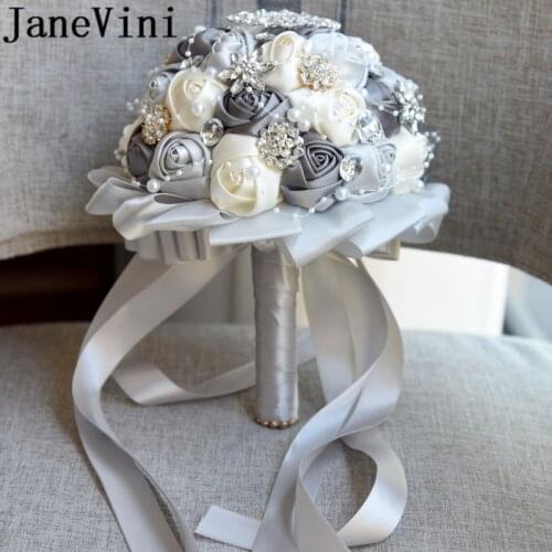 JaneVini Sparkly Crystal Bridal Brooch Wedding Bouquet Rhinestone Pearls Gray Burgundy Satin Beaded diamant voor boeket Flowers
