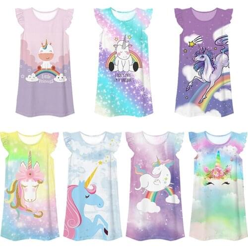 Kidswant Cartoon Unicorn Pattern Clothing For Teen Girls Fashion Fly Sleeve Loose Dress Kids Summer Clothes 7-12 Years