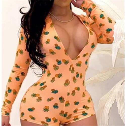 Women Sexy Long Sleeve Printed Romper Fashion V-neck Spring Autumn Night Clubwear Button Slim Skinny Shorts Jumpsuit