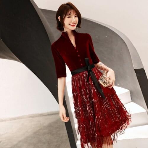 High Quality Sequin fringed short Evening Dresses Sexy V-neck Evening Dress Robe De Soiree Vestido De Festa