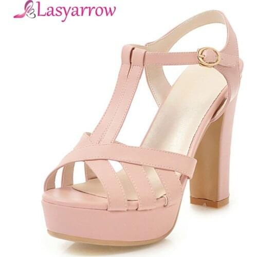 Lasyarrow Women Sandals Black White Peep Toe Gladiator Sandals Women Summer Shoes Woman Thick High Heel Sandals Size 32-43 RM471