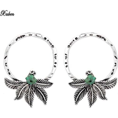 2018 Hot sale Vrouw Oorbellen Vintage Bladeren Ronde Stud Earring Antiek Zilver Vrouwen Unieke Ontwerp Lente Groene for woman