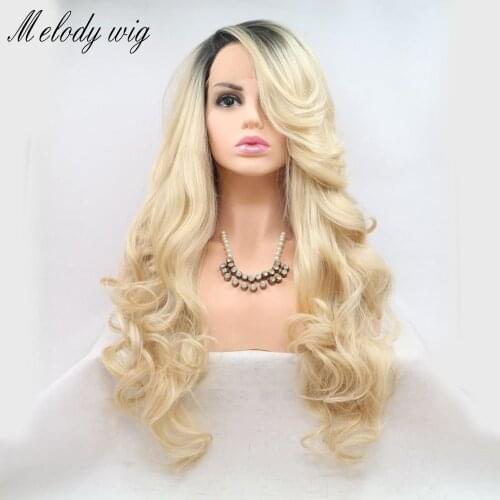 Melody Wig Long Body Wave Ombre Gold with Black Roots 13*3 Lace Front Synthetic Wig Heat Resistant Fiber for Women Everyday Wig