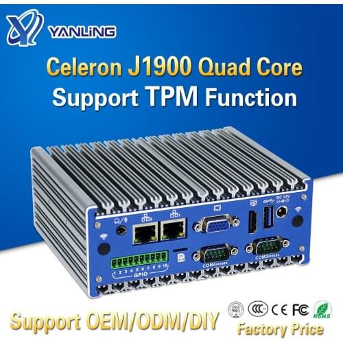 Yanling Fanless Mini PC Intel J1900 Quad core Onboard 4G Ram 1*GPIO 4*RS232 COM Support TPM Function for Industrial IoT Computer
