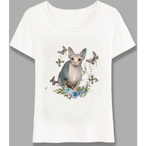 Fashion Summer T-Shirt Pretty Sphynx Cat And Butterflies Print Women T-Shirt Girl Casual Tops Cat Lovers White Tees Harajuku