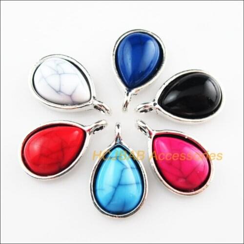 Fashion 6Pcs Tibetan Silver Color Teardrop Mixed Stone Charms Pendant 12x20.5mm