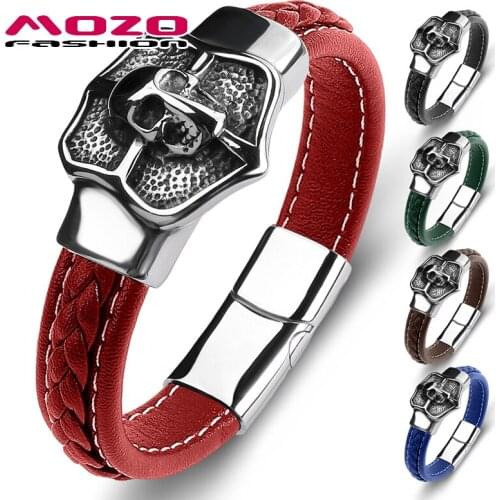 MOZO FASHION New Men Bracelets Stainless Steel Skeleton Jewelry Genuine Leather Braided Cuff Decorations Wholesale Gifts 121