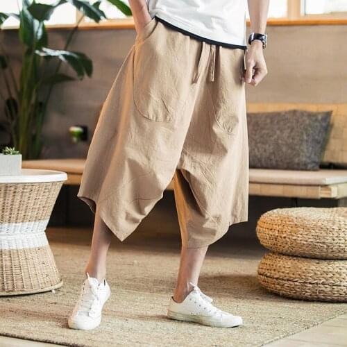 TANG 2019 Men Pants Mens Wide Crotch Harem Pants Loose Large Cropped Trousers Wide-legged Bloomers Chinese Style Flaxen Baggy