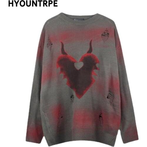 Mens Sweaters Fashion Graffiti Printed Harajuku Sweaters Casual Knitted Sweater Ripped Holes Cotton Pullover Jumper Man Sweater