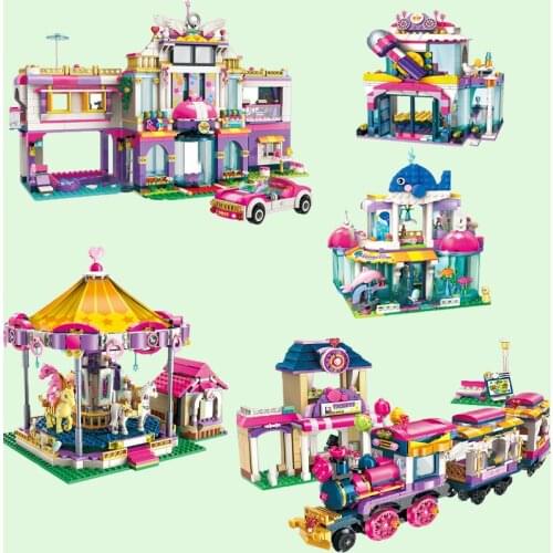 Girls City Friends Princess Fantasy Carousel Ice Cream Car Room Train Candy Colorful Villa Building Blocks Sets KidsToys Gifts